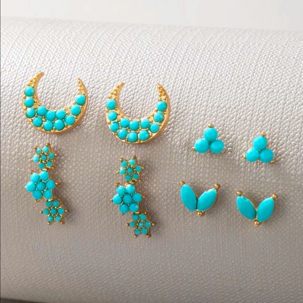 4 Pairs of Moon Design Turquoise Earrings in GOLD Tone